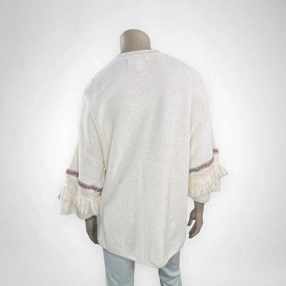 H&M COACHELLA Large Cream Cardigan Sweater Oversized Boho Fringe Knit‎ Casual